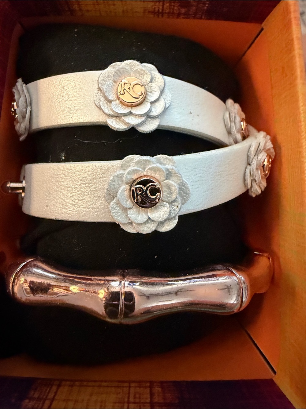 Rustic Cuff White Leather Flower Wrap Bracelet set